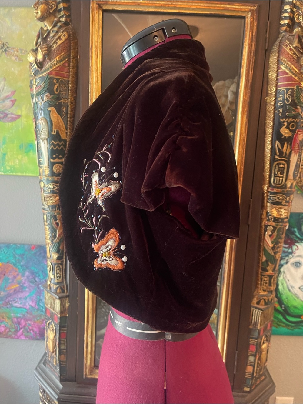 Embroidered Dark BrownVelvet Cropped Bolero Jacket - Floral Detail - Picture 2 of 6